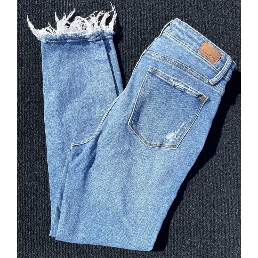 Judy Blue Jeans Juniors 9/29 Blue Distressed Relaxed Fit Skinny Frayed Hem Denim